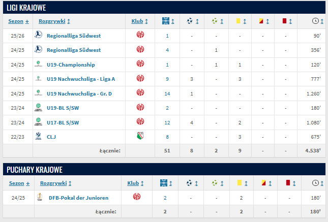 Kacper Potulski - występy (źródło: Transfermarkt.de)