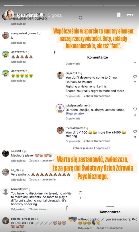 Iga Świątek mierzy się z krytyką na Instagramie. 
