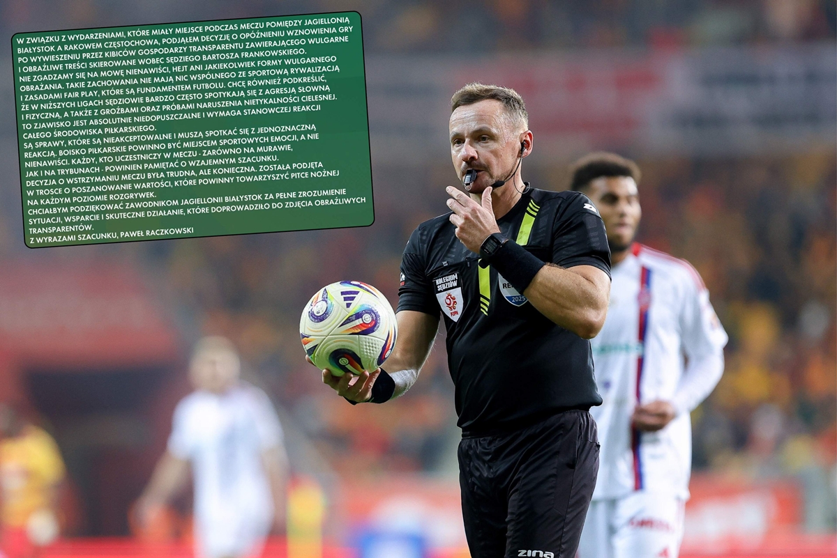 Raczkowski przerwał mecz przez transparent. Teraz wydał oświadczenie